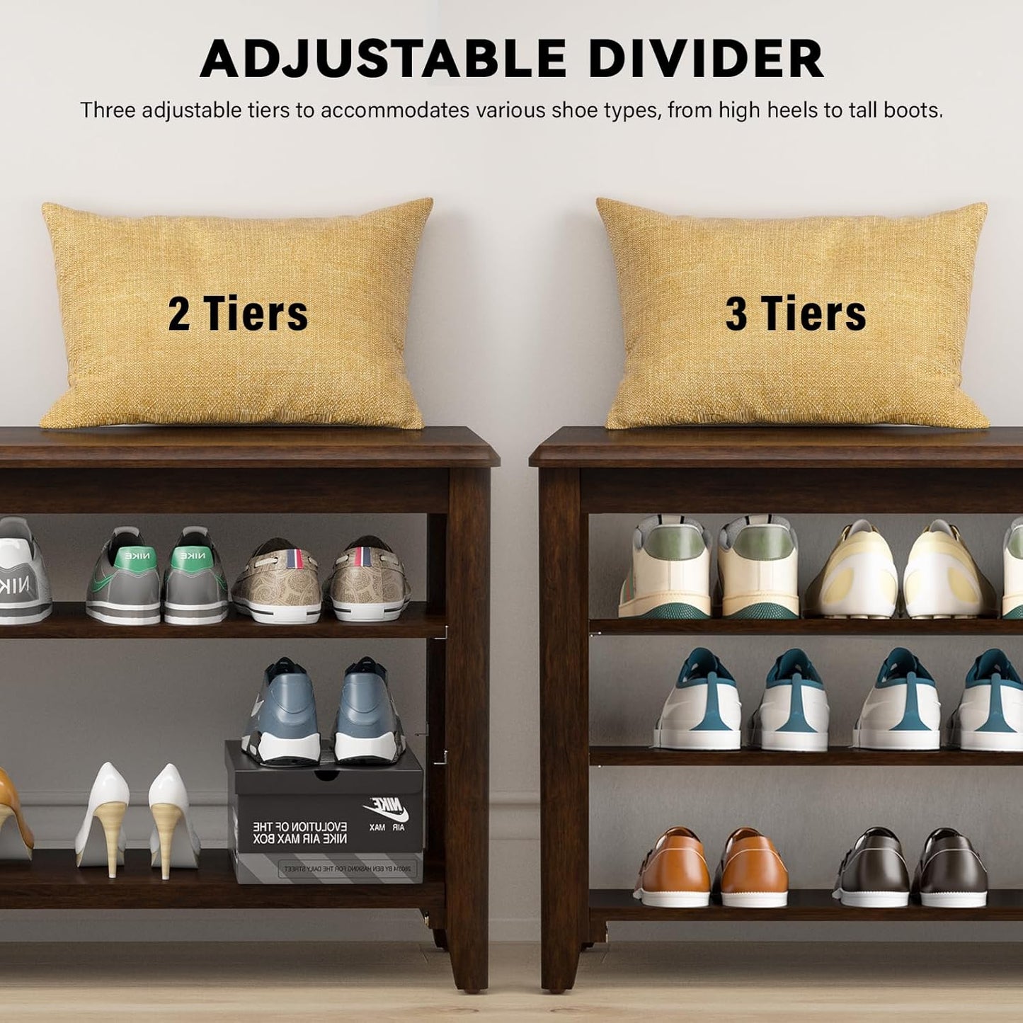 Shoe Bench Storage Rubberwood, Entryway Bench with 3-Tiers Height Adjustable, Shoe Rack Front Door Entrance Organizer for Hallway Living Room, Mudrooms, Walnut,39.4"