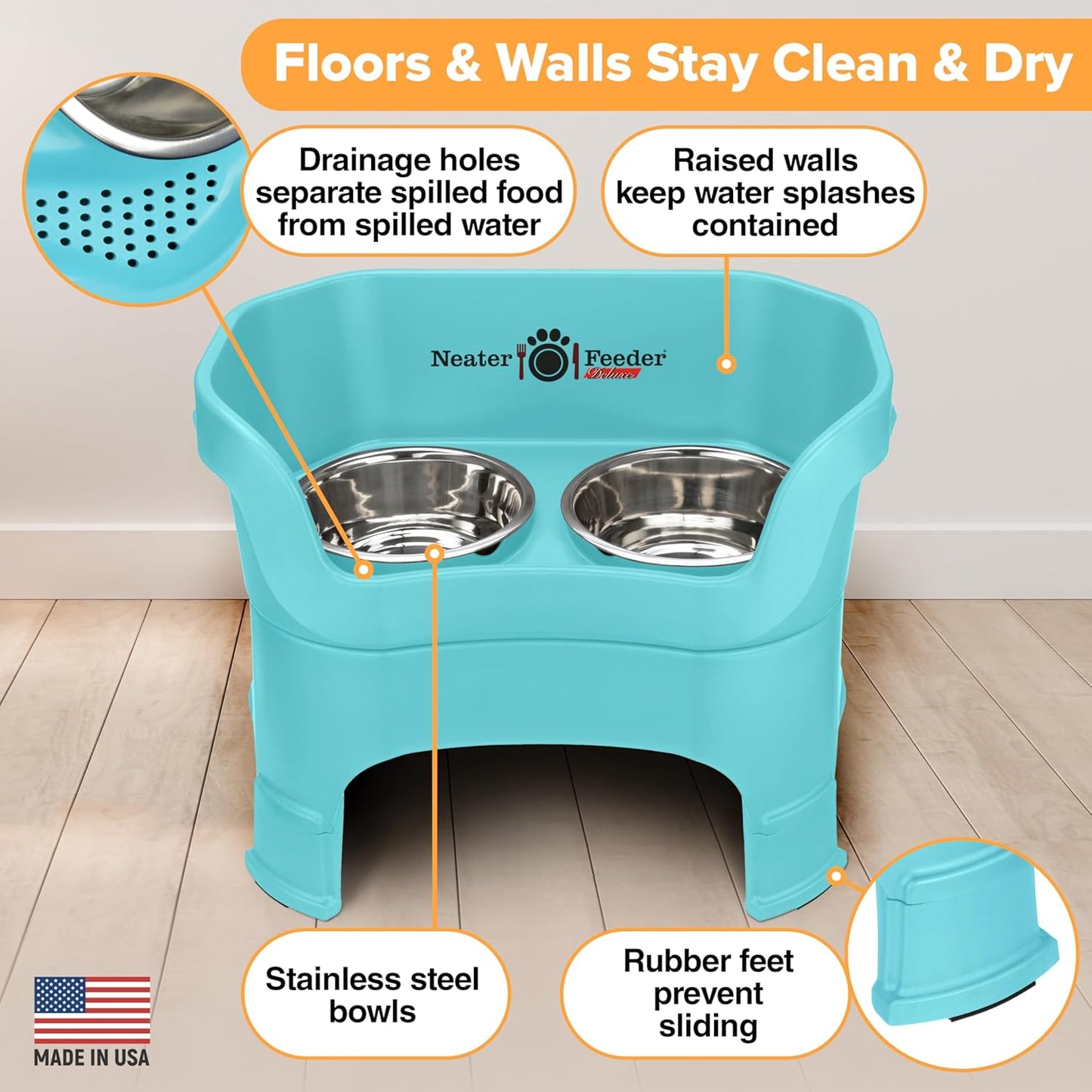 Neater Feeder Deluxe Mess Proof Dog Bowls Elevated for Large Dogs – Made in USA – No Spill Raised Dog Food Bowl Stand w/Leg Extensions – Stainless Steel Dog Food and Water Bowl Set – Teal