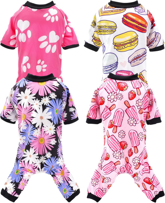 PET SHOW 4 Pack Small Dog Pajamas Girl Doggies Soft Stretchy PJs Paw Floral Puppy Cats Doughnut Ice Cream Onesies Outfits with Sleeve Pets Breathable Summer Clothes Costume S