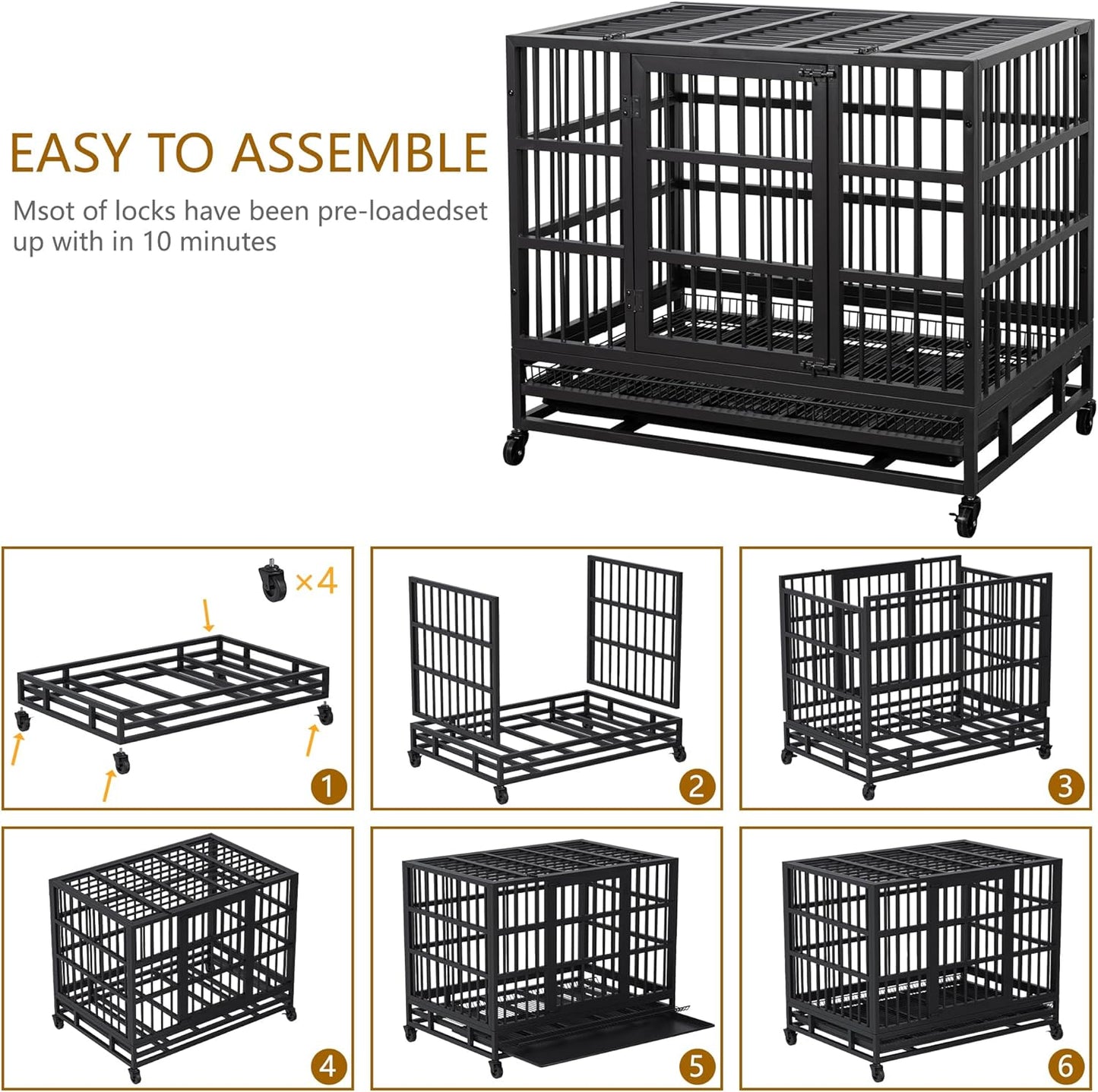 JY QAQA 48/38 Inch Heavy Duty Indestructible Dog Crate Double Doors Escape Proof Cage Kennel,Enhanced Metal Pet Cage,Extra Large Crate Indoor for Large Dog with Removable Tray and Lockable Wheels