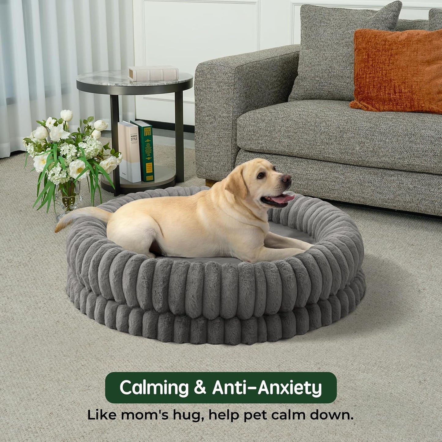 BALANCE Luxury Donut Dog Bed, 43 Inches Round Dog Beds Large Sized Dogs Washable, Orthopedic Calming Dogs Bed for Pets with Anti-Slip Bottom, Gray