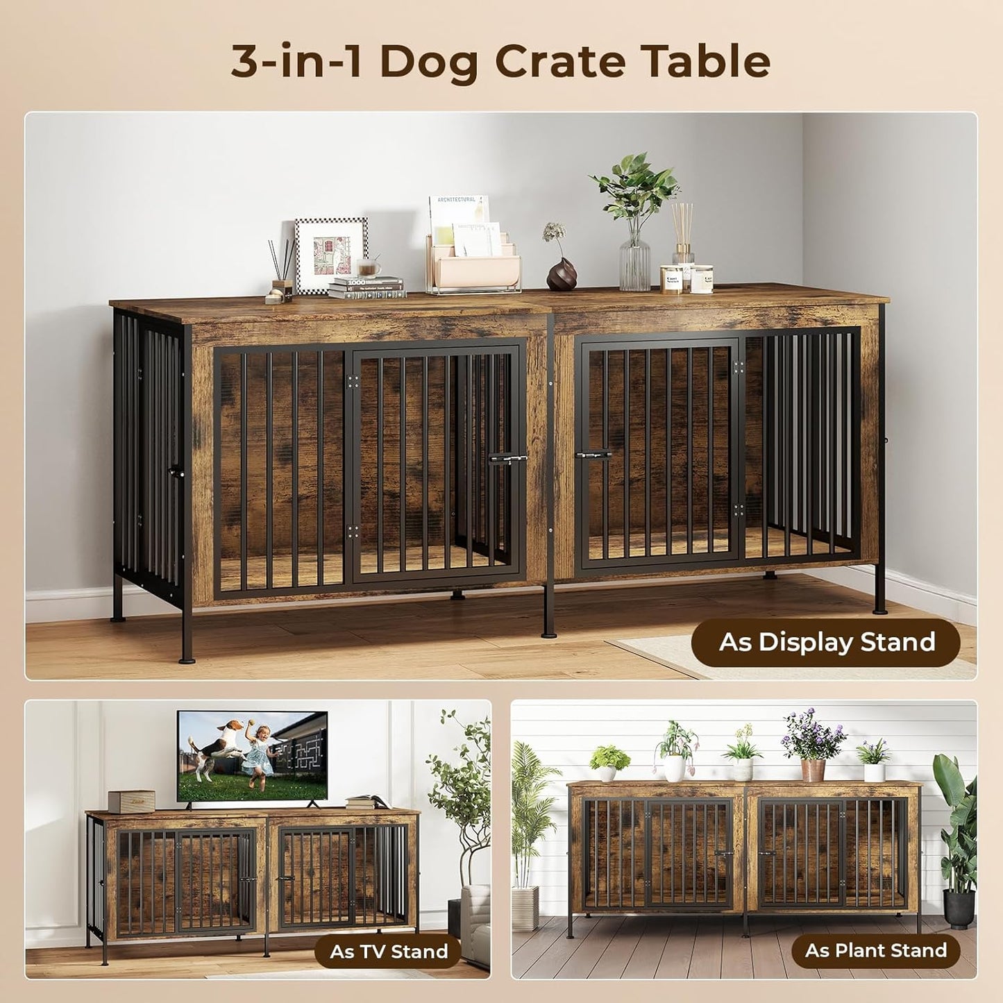 78 Inch Dog Cage Furniture for 2 Large/Medium Dogs with Removable Divider, Extra Large Double Doors Dog Kennel, XXL Thick Wooden Dog cage Furniture, Durable and Sturdy, Brown
