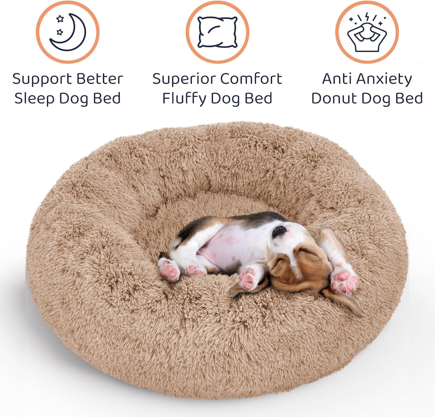 Donut Dog Bed - Premium Comfort for Anxiety Relief - Fluffy & Calming Design with Ultra-Plush Support | Cozy Round Dog Bed with Super Soft Circle Style (Size M Camel)