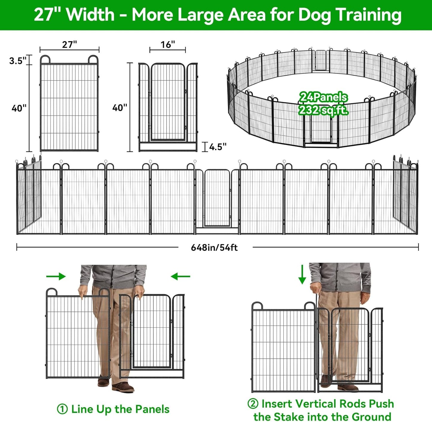 Dog Playpen Outdoor 24 Panels Heavy Duty Dog Fence 40" Height Anti-Rust with Doors Portable for RV Camping Yard, Total 54FT, 227 Sq.ft, Snowy Black