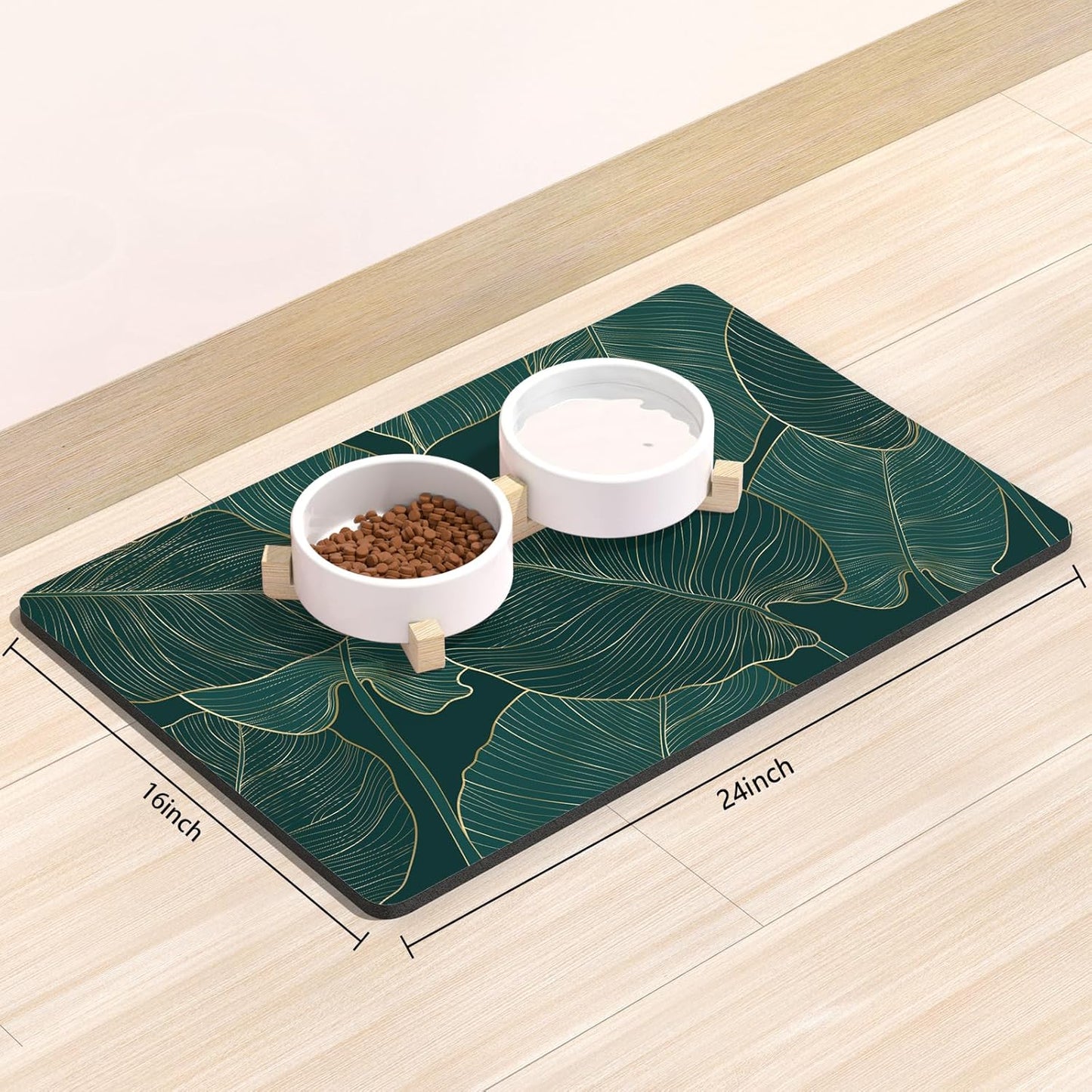 Rnivvi Dog Food Mat, 16" x 24" Flower Absorbent Dog Cat Bowl Mat for Food and Water, Cute Anti-Slip Rubber Pet Feeding Rug Protect Floors, Puppy Placemat for Feeding & Watering Supplies, Tropical