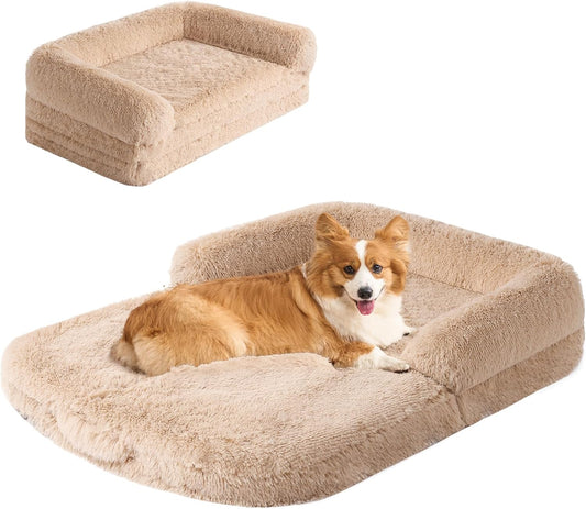 EHEYCIGA Foldable XL Dog Bed, Faux Fur Fluffy Pet Couch Bed for Large Dogs, Orthopedic Calming Memory Foam Big Pet Bed, Washable Soft Pet Sofa Bed with Non-Slip Bottom, Camel, 46"x34"x6.5"