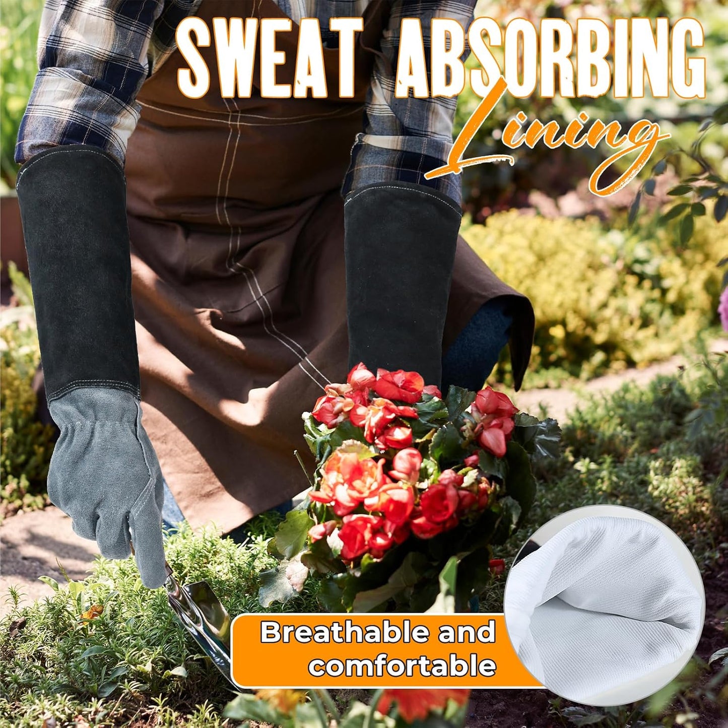 HANDLANDY Long Gardening Gloves for Men & Women, Cowhide Leather Rose Pruning Gloves, Breathable Thorn Proof Gauntlet Glove (Dark Grey-Black, M)