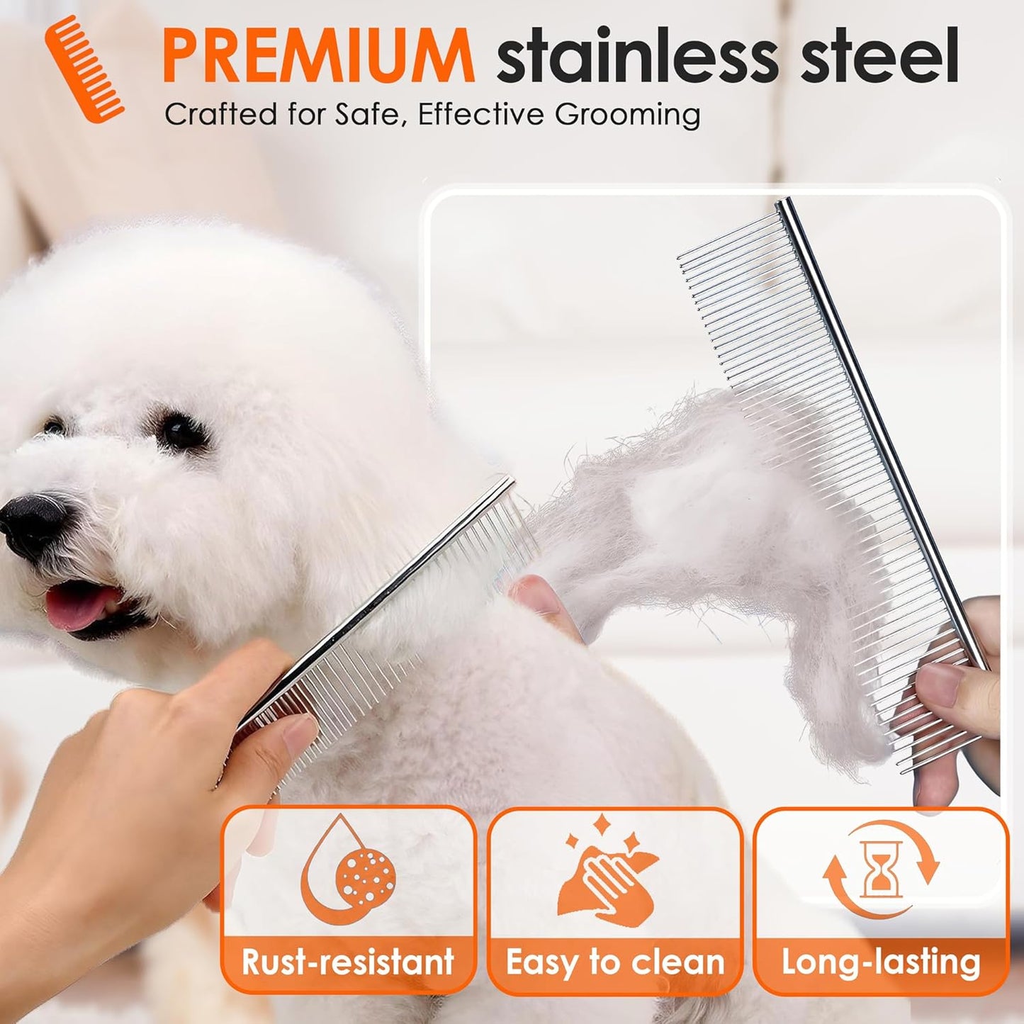 Dog Comb to Remove Tangles and Knots, Cat Comb with Stainless Steel Teeth and Non-Slip Handle, Dog combs for grooming matting for Long Haired Pets (Large & Small)