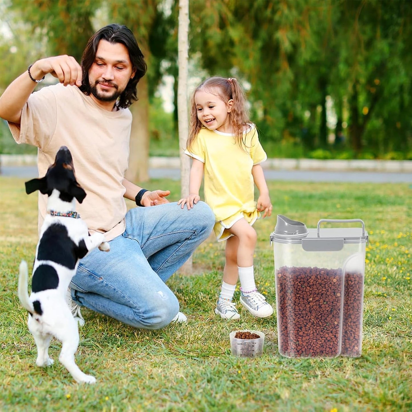 5-7Lbs Dog Cat Food Storage Container with Upgraded Large Nozzle BPA-free, 4 Snap Seals Plastic Pet Food Storage Containers with Handles (1, Light Gray, 5L)