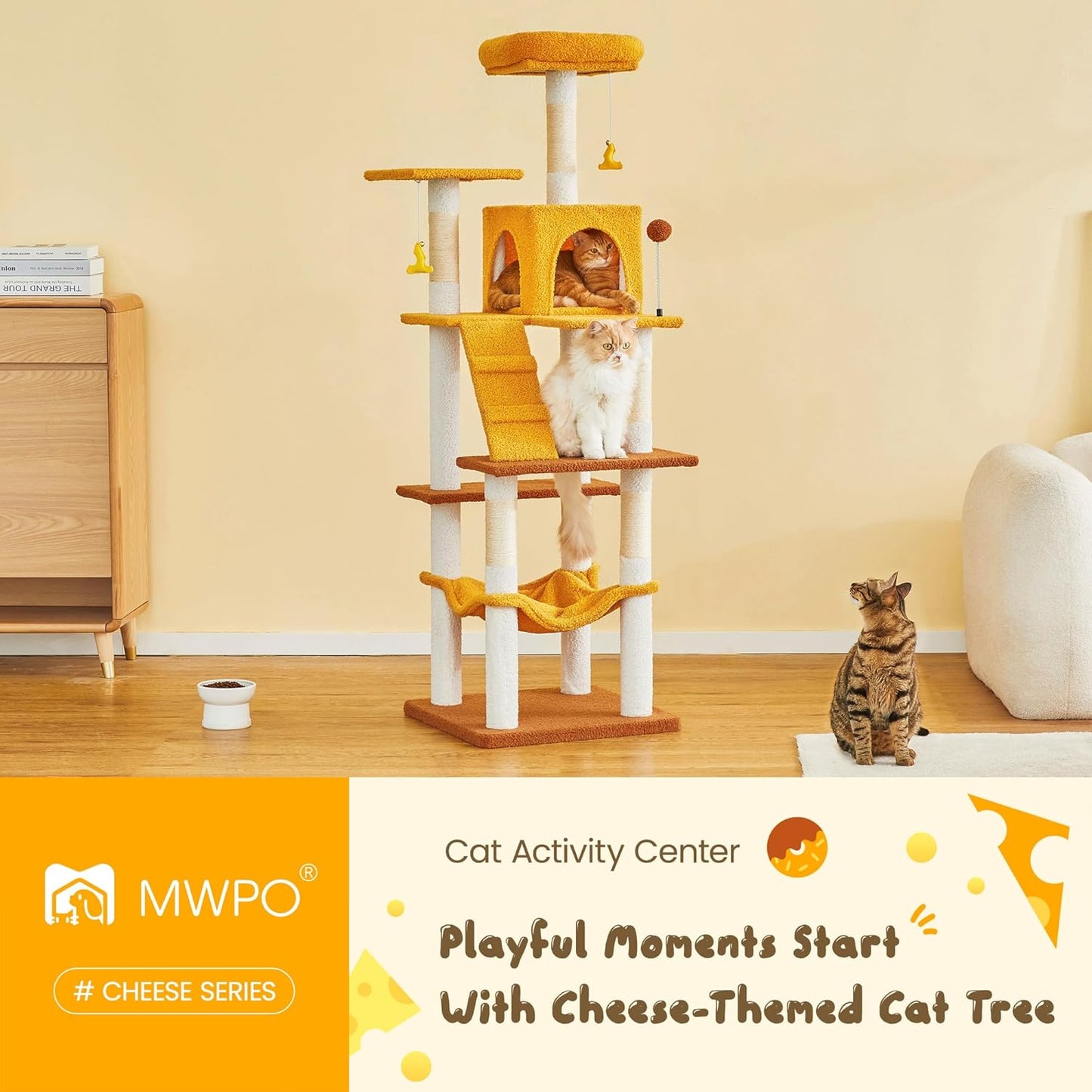MWPO Cat Tree, 63.8-Inch Cat Tower for Indoor Cats, Multi-Level Cat Condo with 5 Scratching Posts, 2 Perches, Hammock, Dangling Toys, Yellow