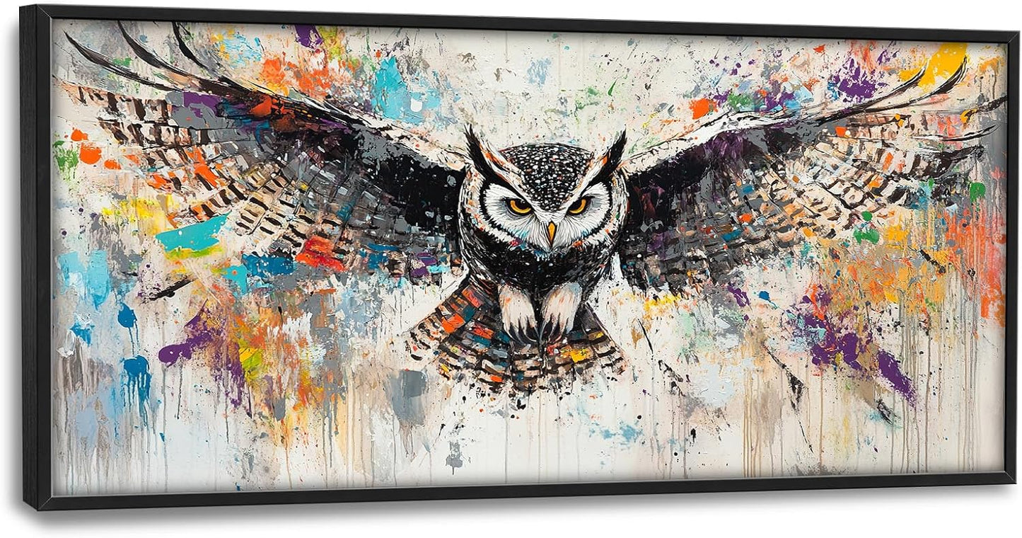 Large Owl Wall Art for Living Room, Framed Oversized Banksy Owl Wall Decor Colorful Wildlife Canvas Painting Animal Pictures Modern Artwork for Living Room Bathroom Bedroom Office Dining Room 60"x30"