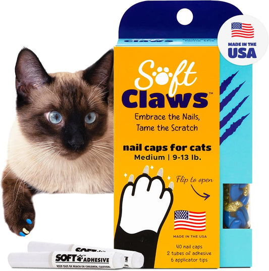 Soft Claws Cat Nail Caps for Medium Cats – (40 Caps, Blue & Gold) - Made in USA - Veterinarian-Developed | Protects Furniture & Skin - Easy to Apply, Long-Lasting Anti-Scratch Soft Cat Claw Covers