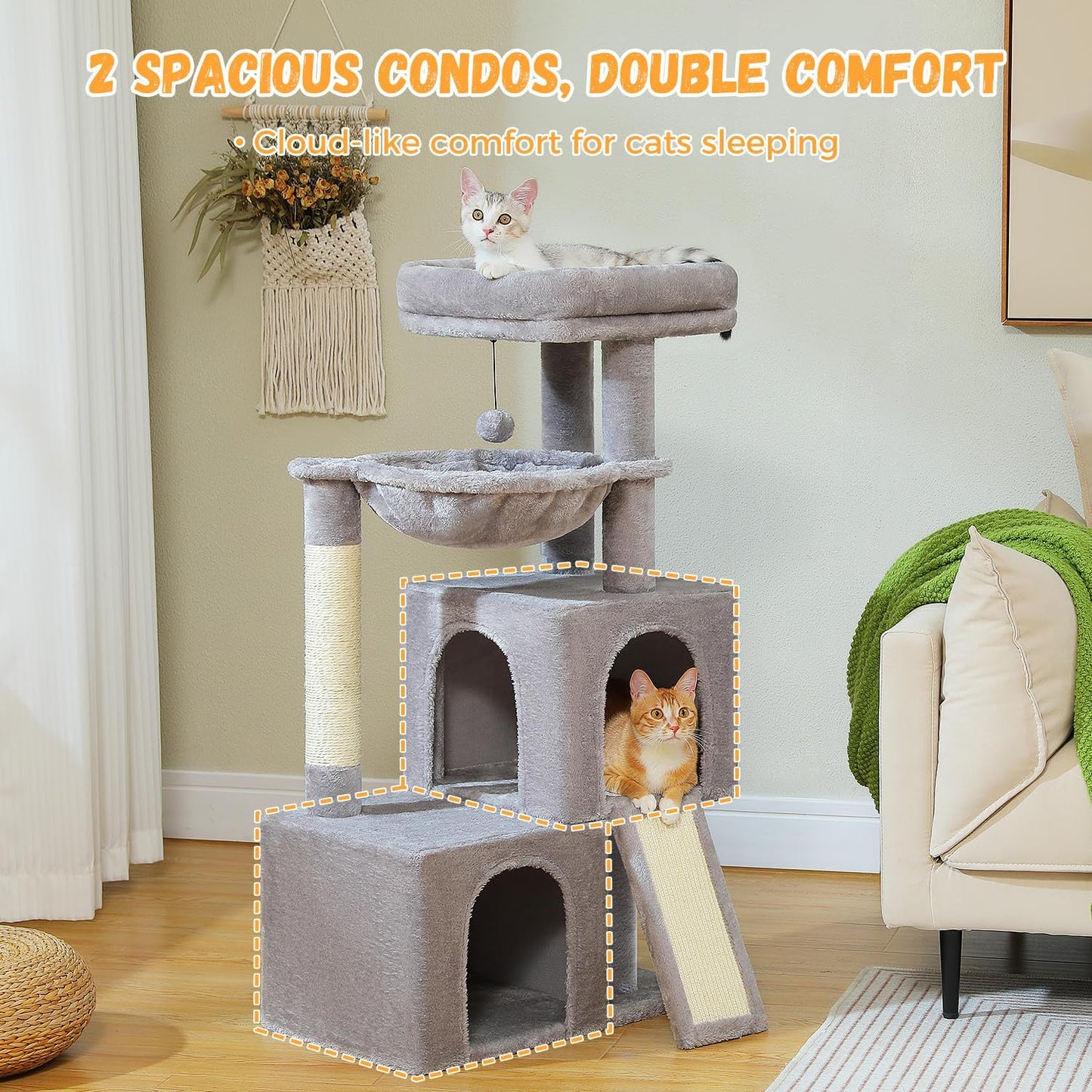 PAWZ Road Large Cat Tree, 41 Inches Multi-Level Cat Tower with 2 Spacious Condos for Indoor Cats, Large Cat House with Comfy Hammock, Padded Perch, Scratching Pad and Replaceable Balls-Gray