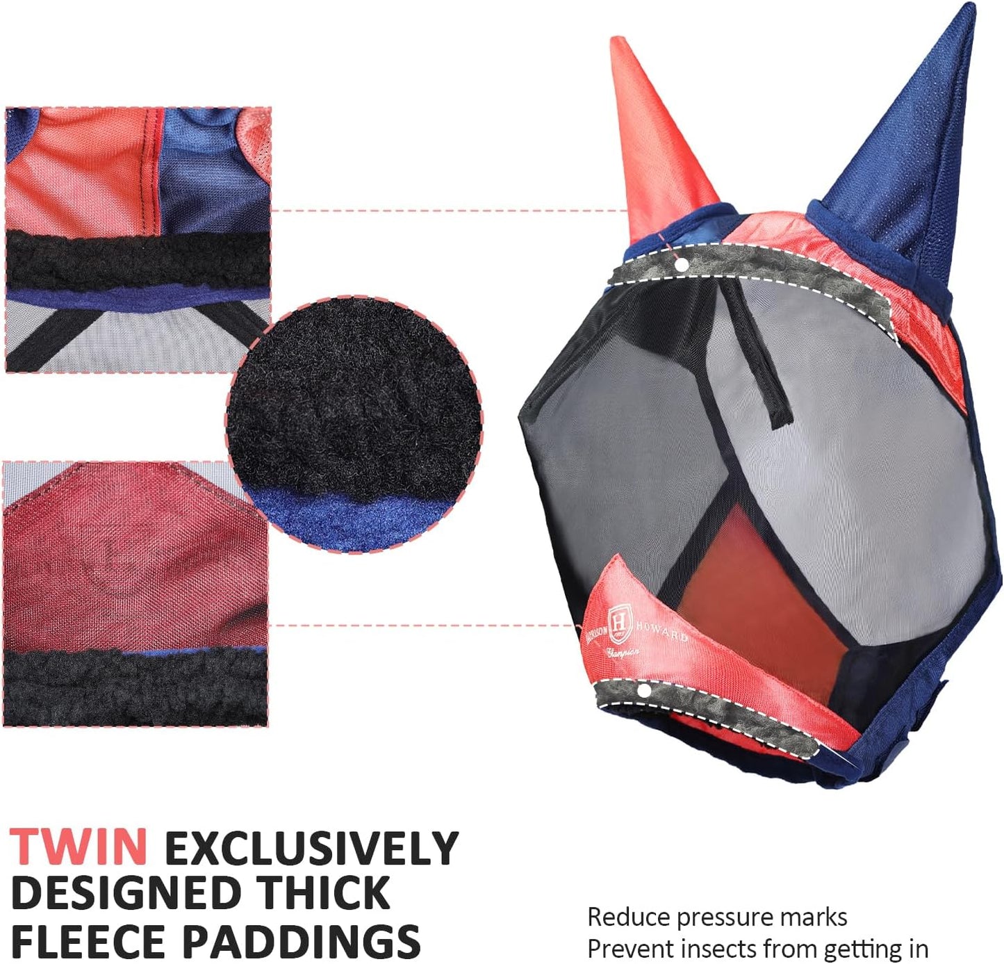 Harrison Howard Pro Luminous Horse Fly Mask Large Eye Space Half Face with Ears UV Protection for Horse Coral Orange/Navy S