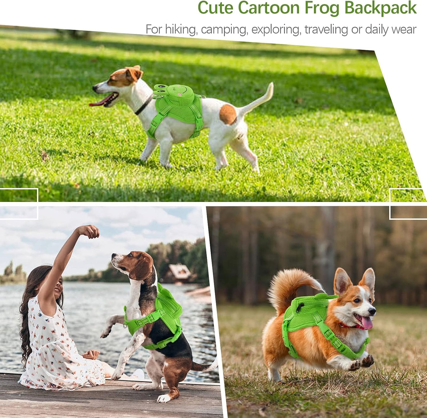 IDOMIK Dog Backpack Harness, No-Pull Dog Backpack with D-Ring for Small Medium Dogs, Cute Self Carrier Backpack for Dogs to Wear, Adjustable Doggy Backpacks for Traveling Camping Hiking, Frog, M