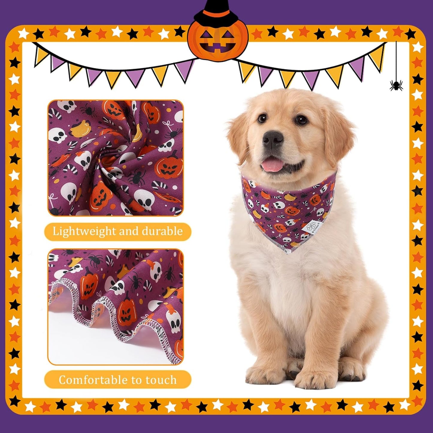 E-Clover Halloween Dog Bandanas & Matching Scrunchie Set Girl Cute Pumpkin Dog Scarf Bibs Pet Bandana with Bow Tie for Medium Large Dogs Owner Mom Purple Orange