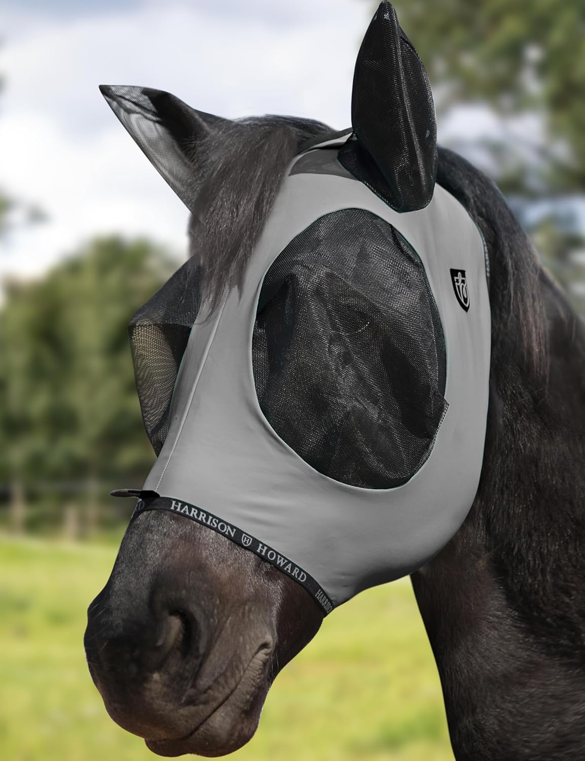 Harrison Howard Horse Fly Mask with Forelock Opening Stretch Breathable and Comfortable for Horses UV -Protection Grey L
