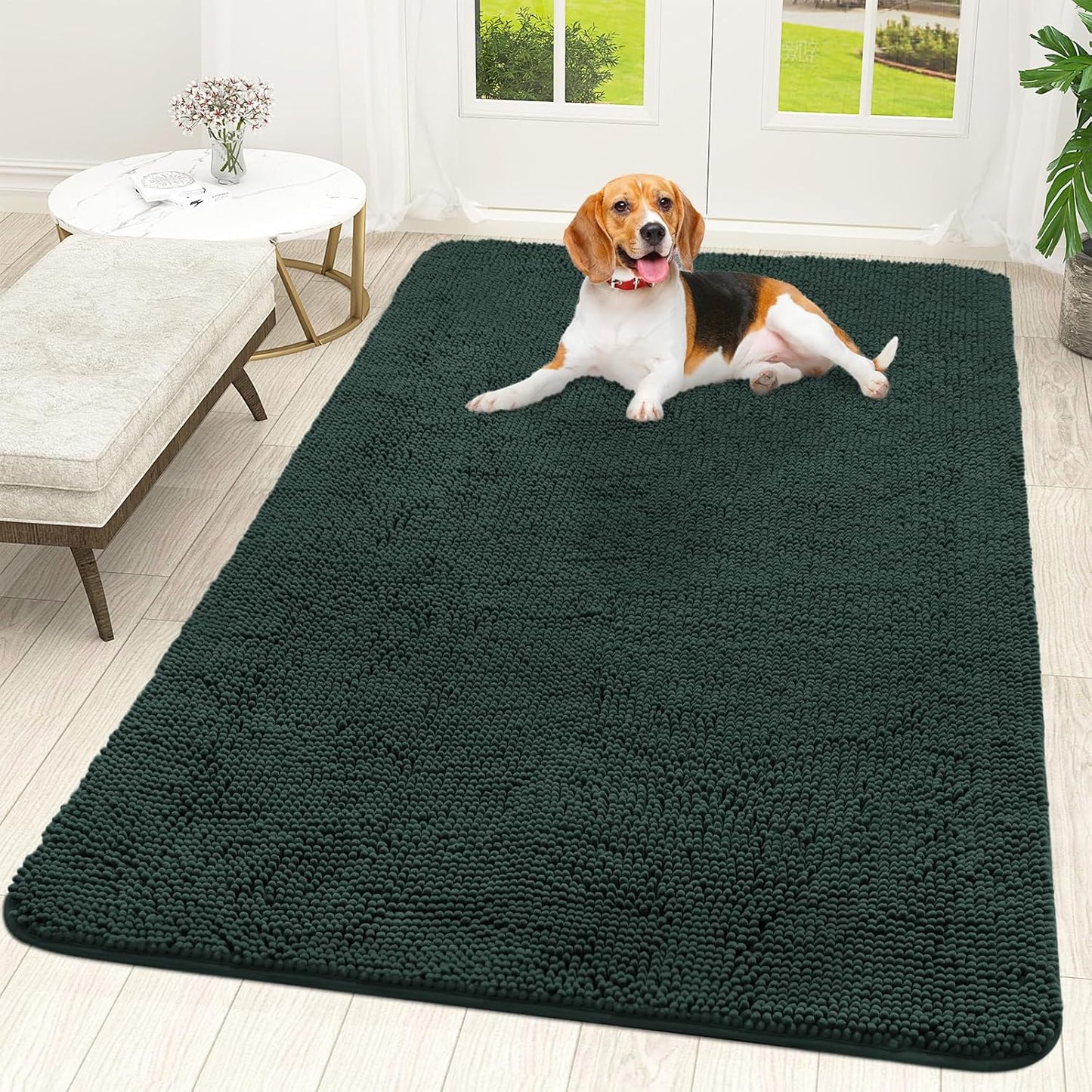 OLANLY Dog Door Mat for Muddy Paws 59x35, Absorbs Moisture and Dirt, Absorbent Non-Slip Washable Doormat, Quick Dry Chenille Mud Mat, Entry Indoor Entryway Carpet for Inside Floor, Blackish Green