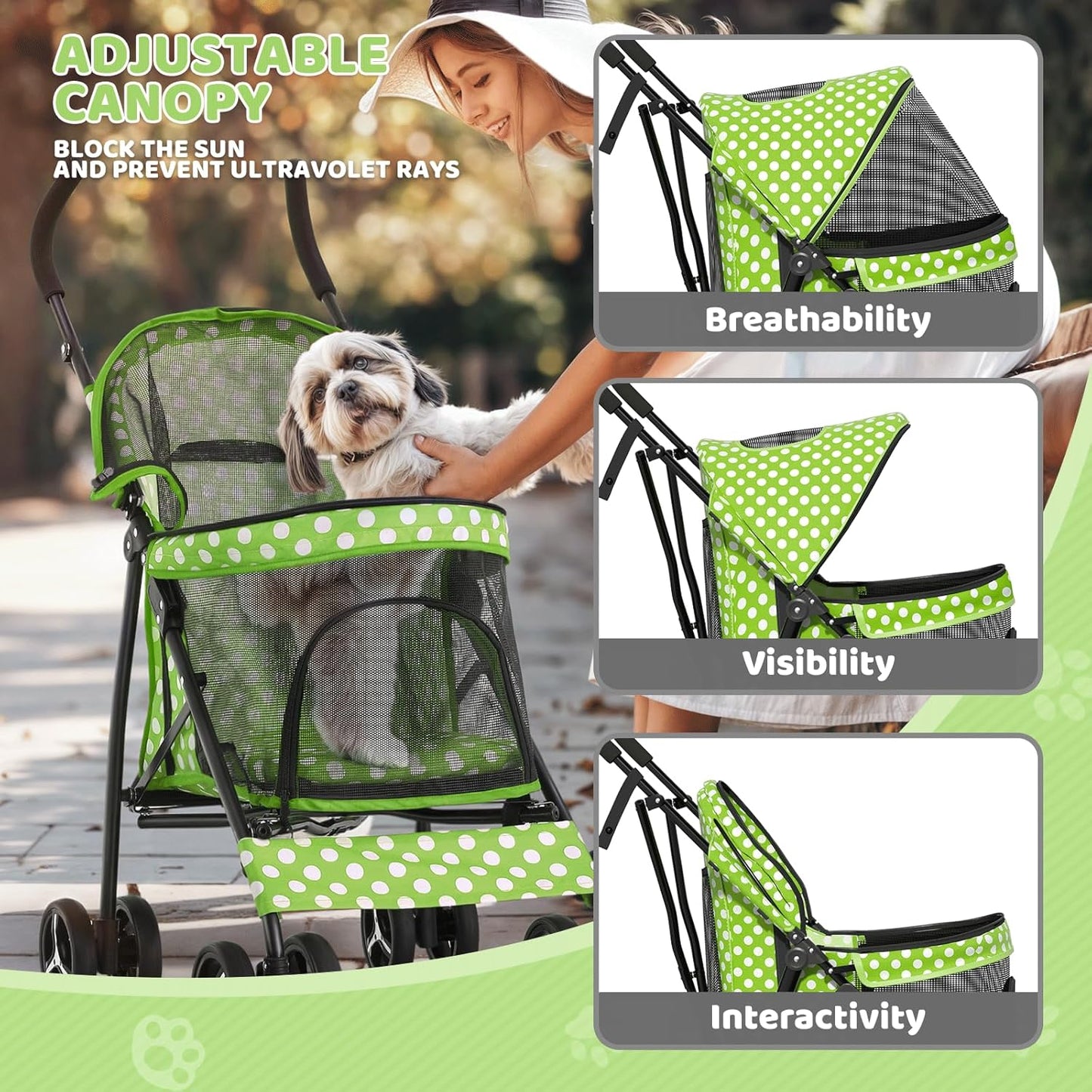 Magshion Compact Pet Stroller for Small-Medium Dogs/Cats up to 22lbs, 4-Wheel Lightweight Umbrella Shaped Portable Puppy Travel Jogger with Breathable Mesh & Rear Storage, Lawn Green Polka Dots