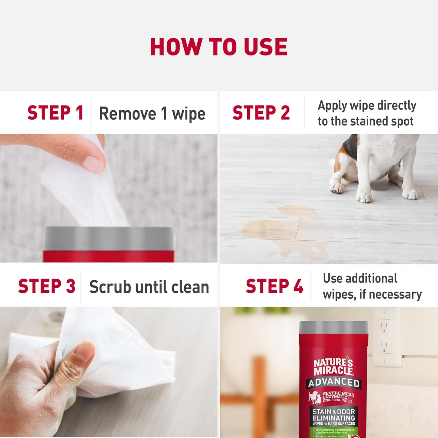 Nature’s Miracle Advanced Stain And Odor Eliminating Wipes for Hard Surfaces, 30 Count, Enzymatic Formula Eliminates Tough Pet Messes