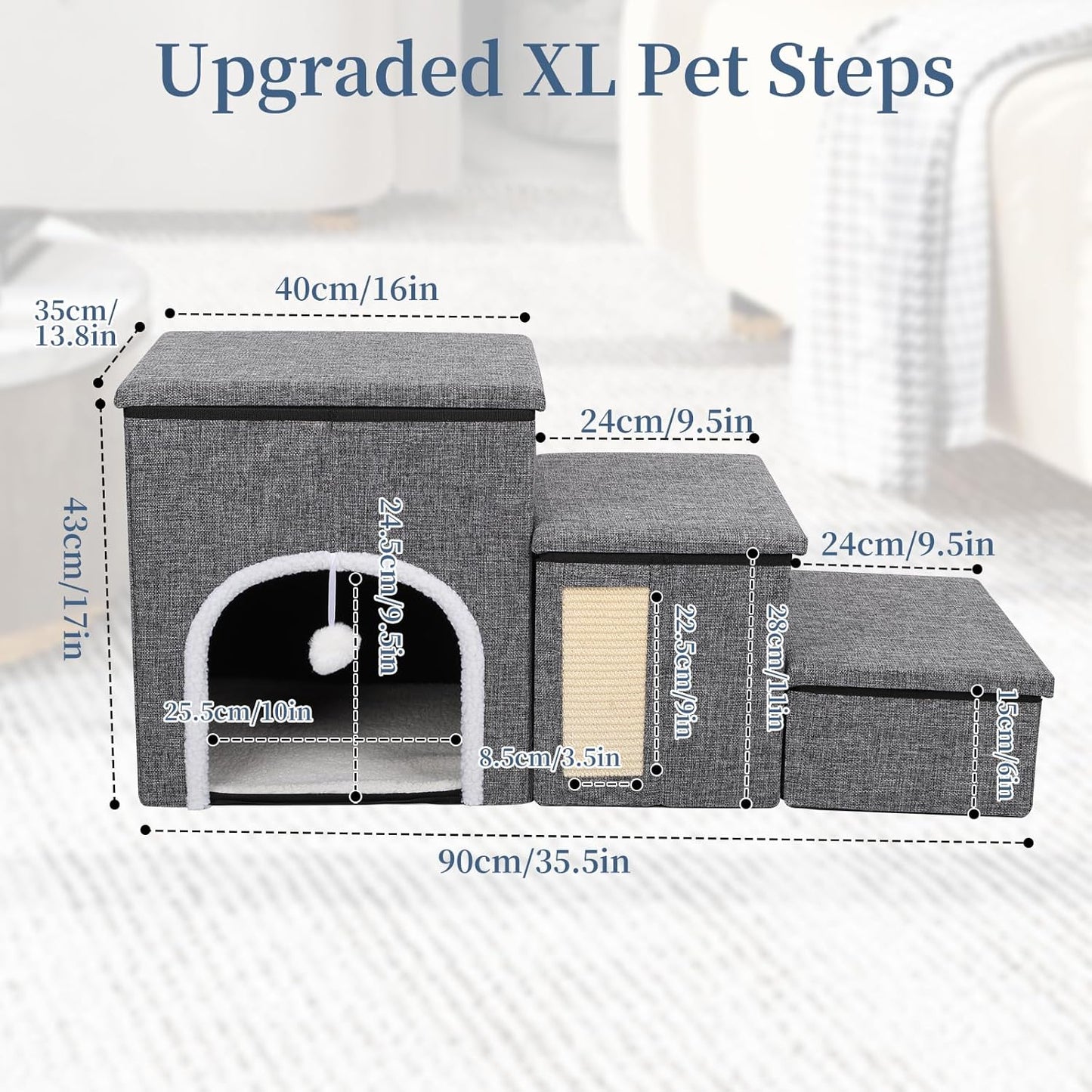 Upgrade XL Dog Stairs for Bed and Couch, 35.5"L x 13.8"D x 17"H, Foldable Dog Steps with Wider Stairs, Large Condo, Storage Space, Pet Stairs Steps for Cats, Small/Older Large Dogs, Hold Up to 180lbs