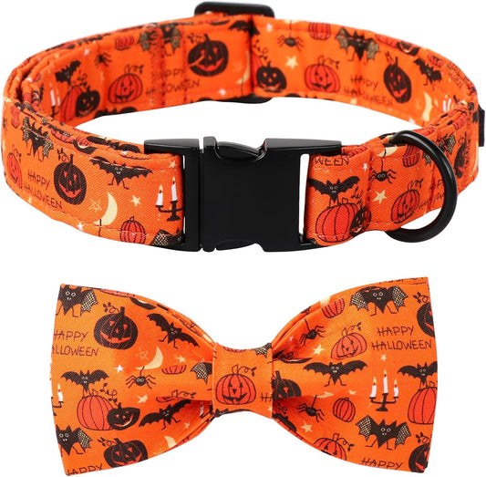 Lionet Paws Fall Halloween Dog Collar, Cute Bat Pumpkin Dog Collar for Small Dogs, Adjustable Cotton Orange Pet Collars Puppy Collar for Small Dogs