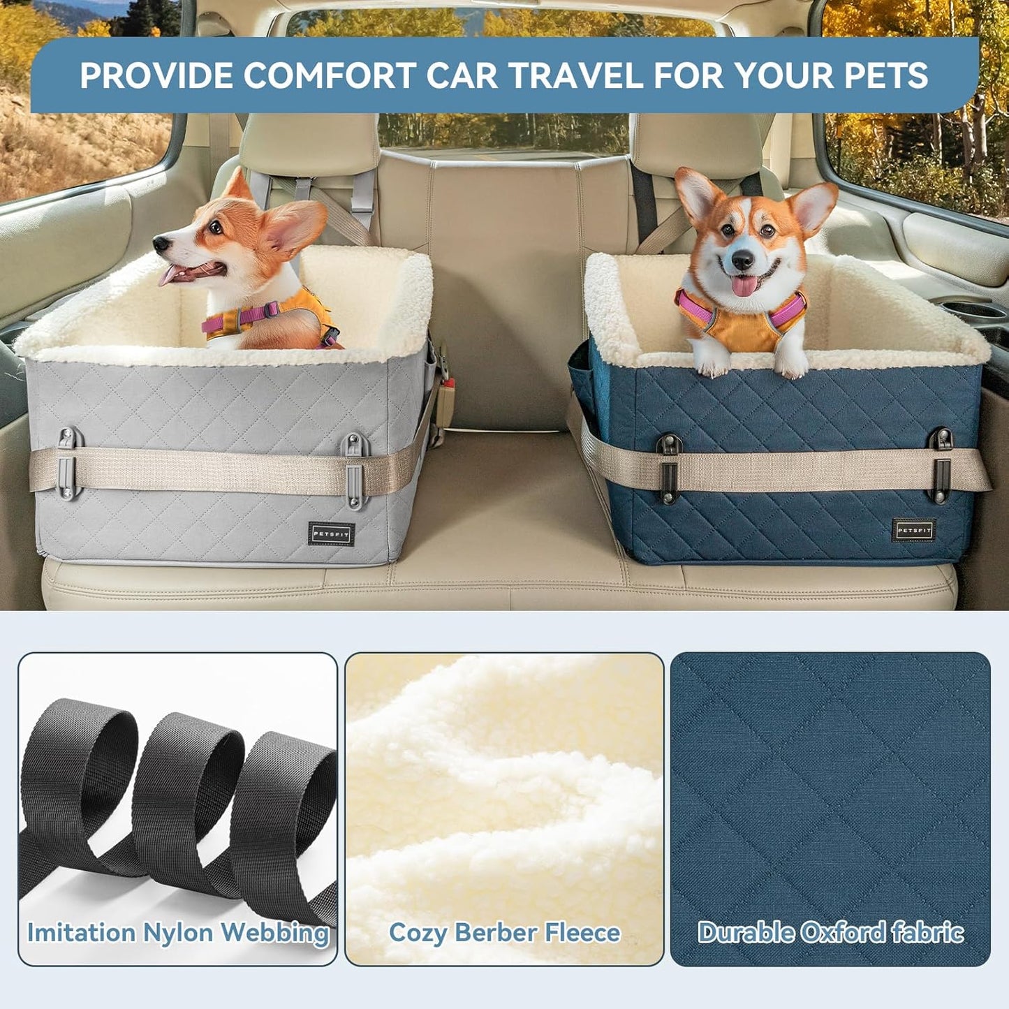 PETSFIT Pet Car Seat for Small Dogs, Soft Foam Dog Booster Car Seat with Patented Safety Buckles, Storage Pockets and Detachable Clip-On Safety Leash, Dog Carseat for Small Dogs Under 30 LBS (Blue)