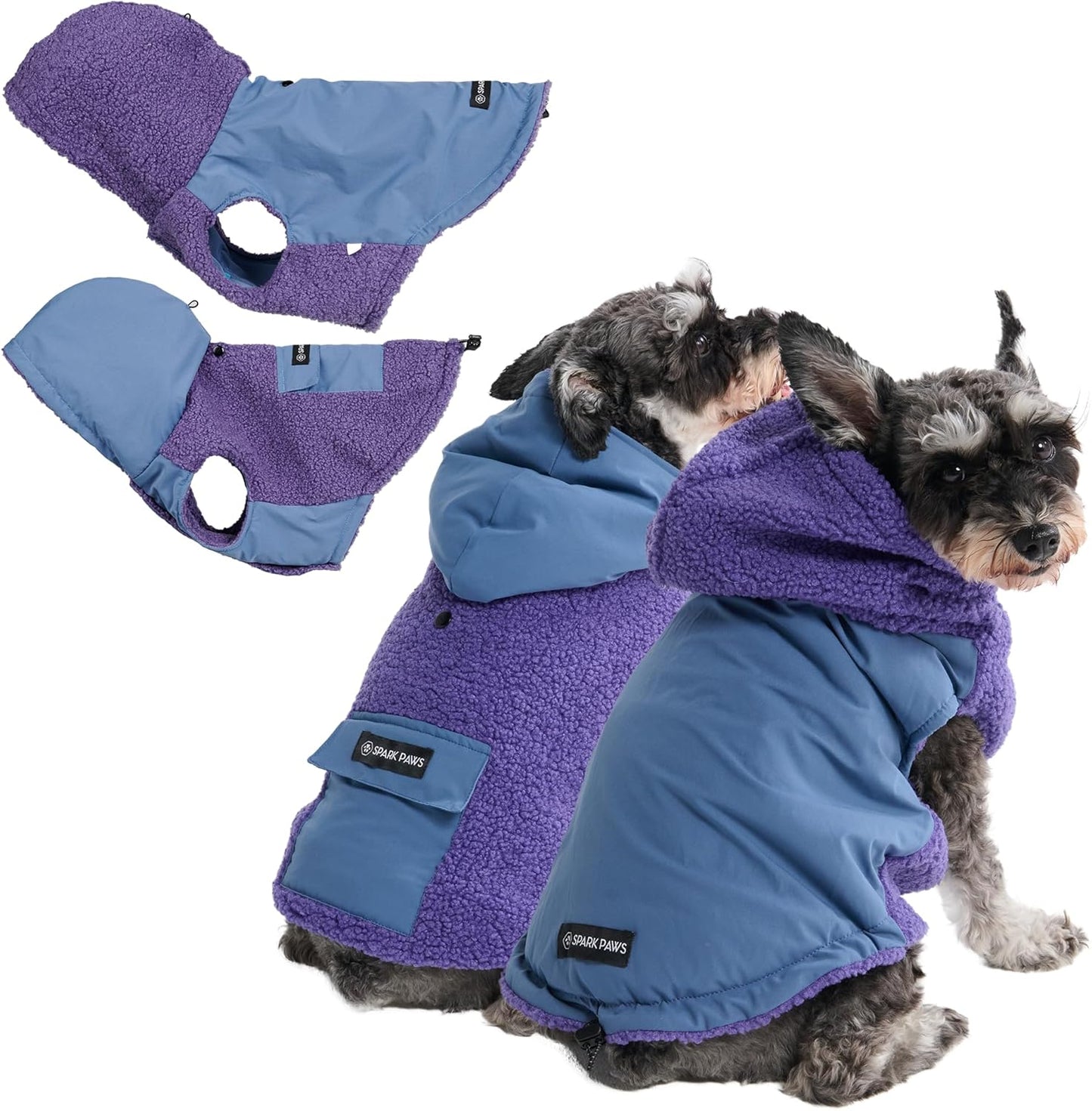 Spark Paws Reversible Dog Sweater, Sherpa Jacket Vest with Warm Fleece Lining, Warm Coat for Winter, Suitable for Small Medium, Large, XL XXL Dogs - Purple and Navy Blue - S