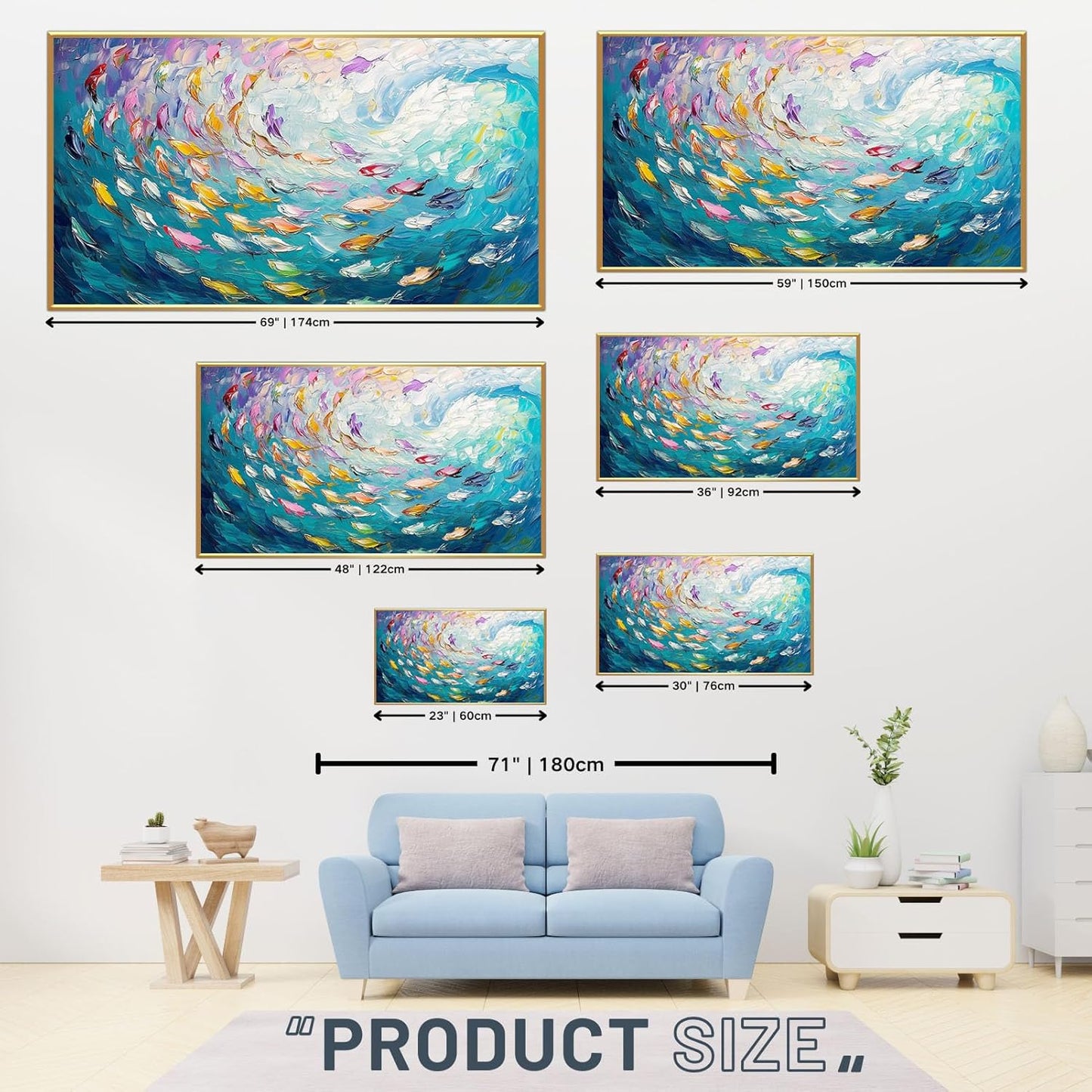 Fish Canvas Wall Art, Abstract School of Fish Canvas Wall Art, School of Fish Painting Canvas, School of Fish Wall Art, Fish Wall Decor, Fish Pictures Wall Decor, Bedroom Canvas Wall Decor (Black Framed, 69"x39" | 174x98cm)