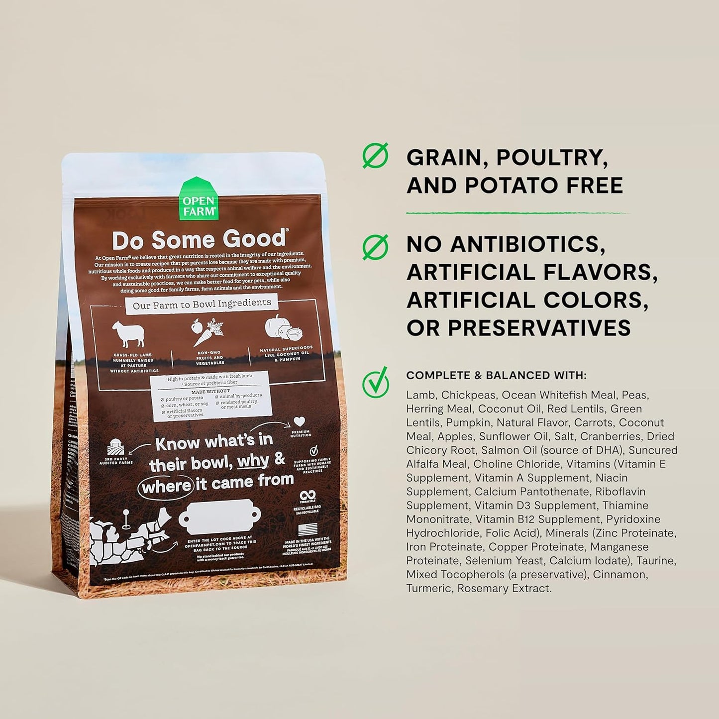 Open Farm, Grain-Free Dry Dog Food, Complete & Balanced Kibble, Sustainably & Ethically Sourced Ingredients, Non-GMO Veggies & Superfoods Support Overall Health, Pasture Raised Lamb Recipe, 4lb Bag