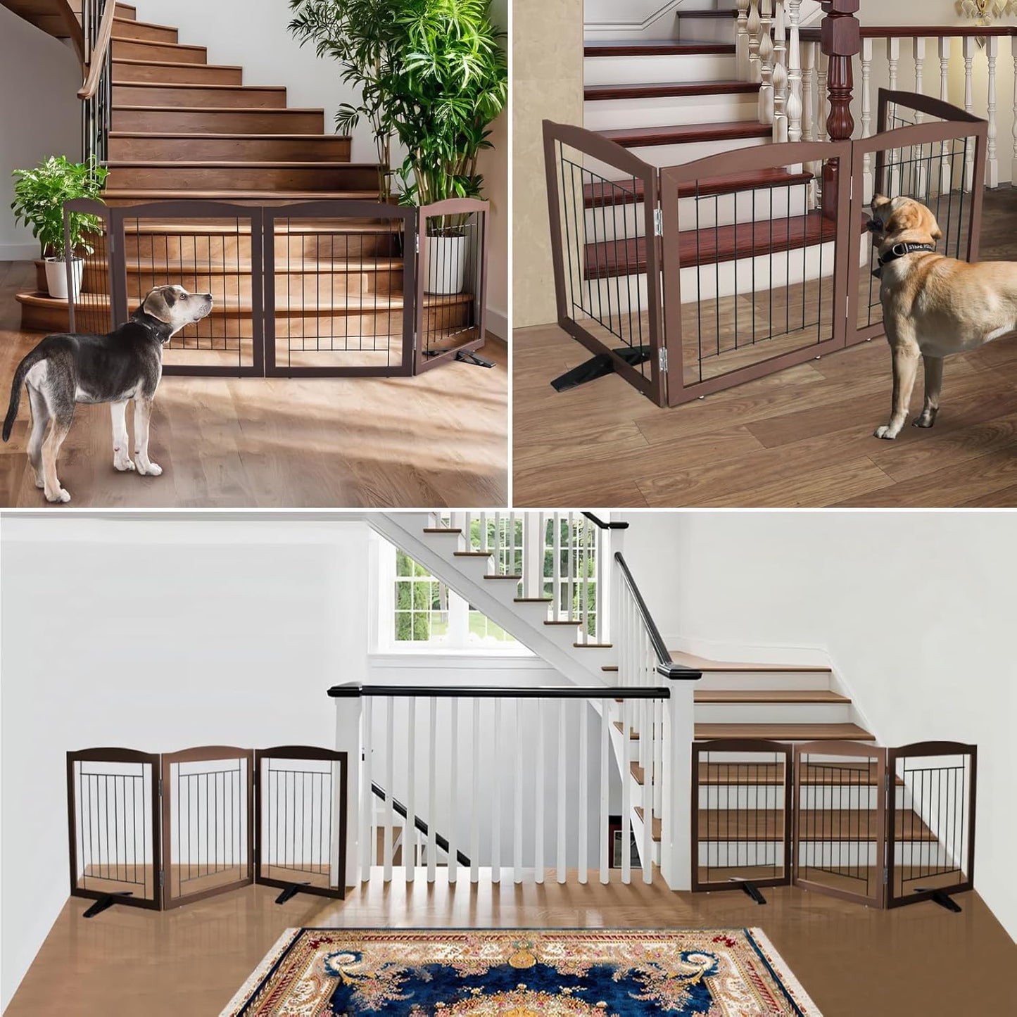 ZJSF Freestanding Dog Fence Indoor, Foldable Dog Gate for Doorways, Stairs or Hallways, Sturdy Wood Extra Wide Pet Gate with Support Feet for The House, Brown, 32 "Height-3 Panels