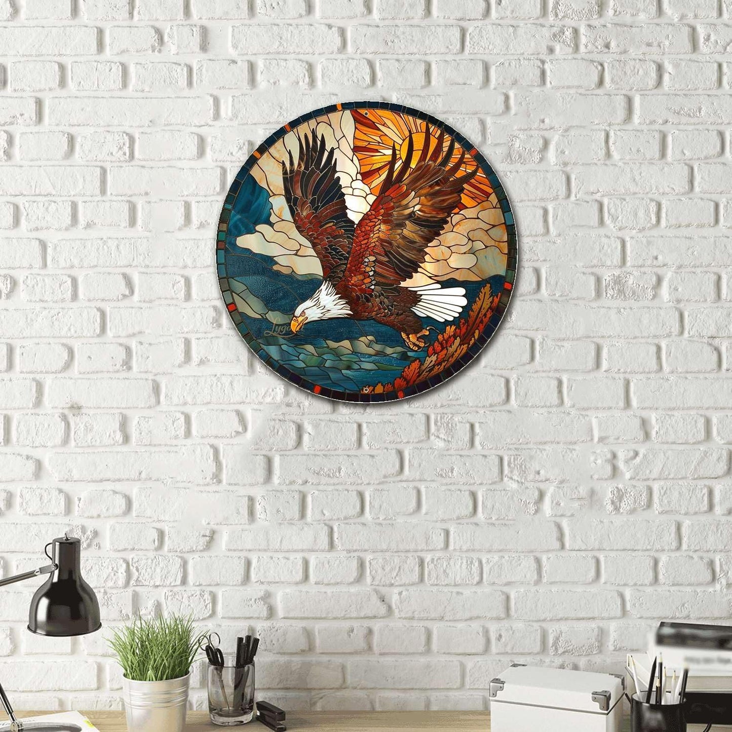 Lygond Metal Sign Tin Sign Circular Stained Glass American Bald Eagle Tin Signs for Garden for Gift 8×8 Inches