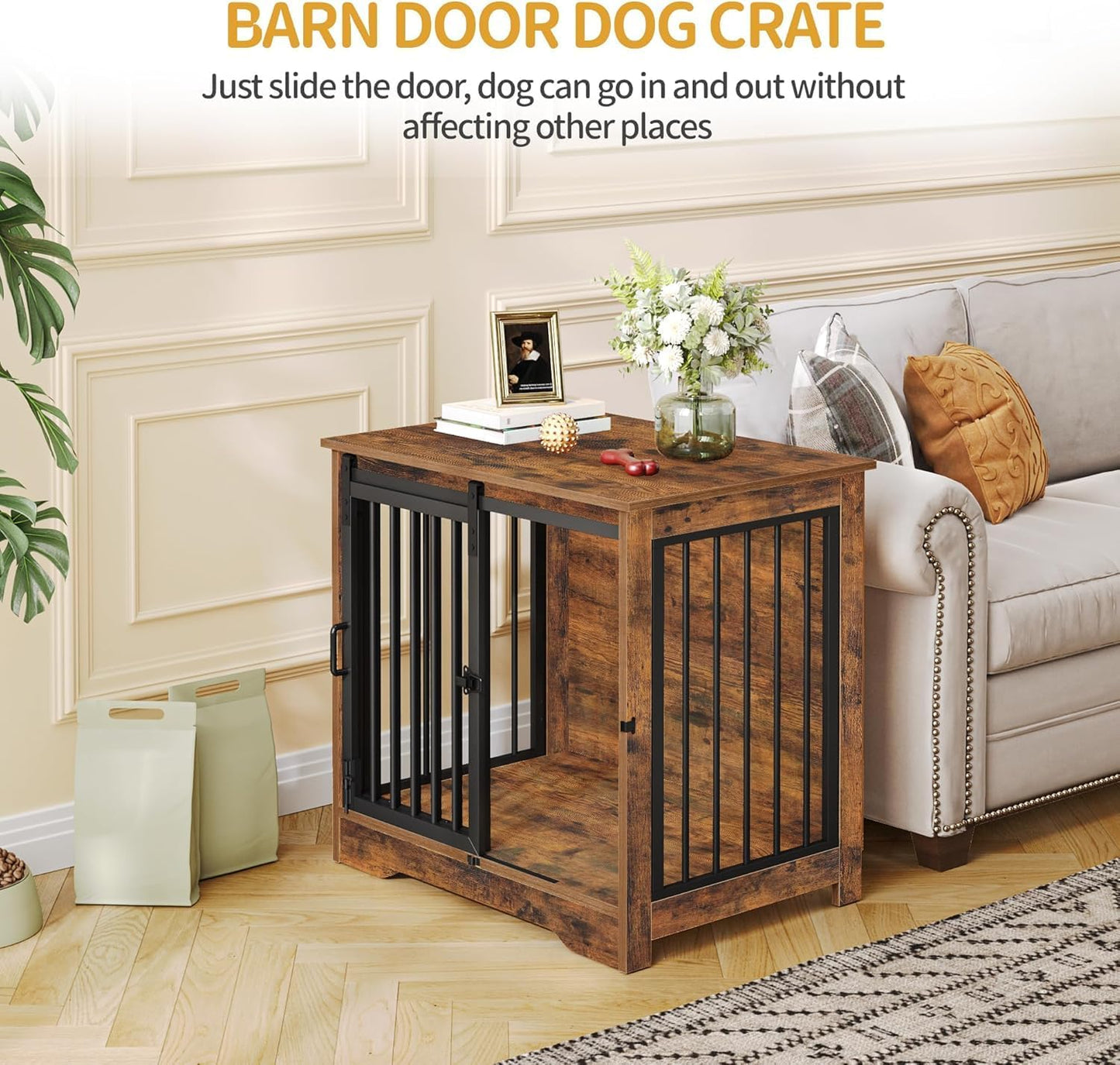 27.2" Dog Crate Furniture with Barn Door, Heavy Duty Dog Kennel Indoor with 2 Doors, Wooden Pet Cage End Table for Small Medium Dogs up to 22 lb, Anti-Chew Anti-Escape, Rustic Brown DFC84301B