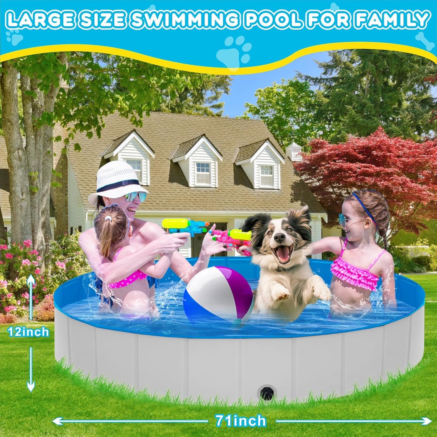Extra Large Foldable Dog Pool,71"x 12" Portable Anti-Slip Kiddie Pool Hard Plastic, Swimming Pool for Dogs Cats and Kids Pet Puppy Bathing Tub