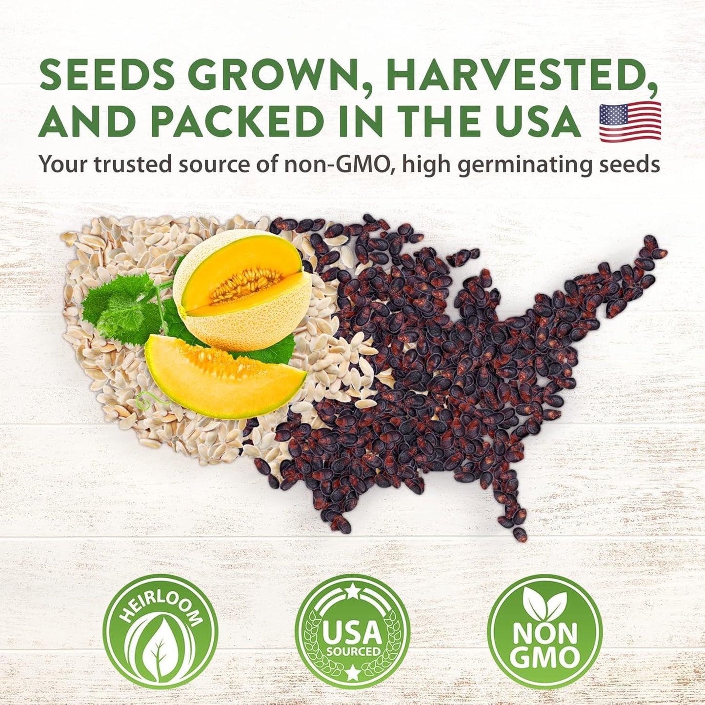 HOME GROWN 𝗨𝗦𝗔 𝗣𝗥𝗘𝗠𝗜𝗨𝗠 Melon Seeds Variety Pack 5 𝗡𝗢𝗡-𝗚𝗠𝗢 Heirloom Vegetable Seeds, Watermelon Cantaloupe Honeydew Sugar Baby & Melon, High Germination for Planting Home Garden Indoors