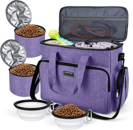 BAGLHER Dog Travel Bag, Airline Approved Pet Tote Organizer with Multi-Function Pockets, 2 X Food Storage Containers and 2 X Collapsible Dog Bowls, Perfect Weekend Pet Travel Set for Dog, Cat Purple
