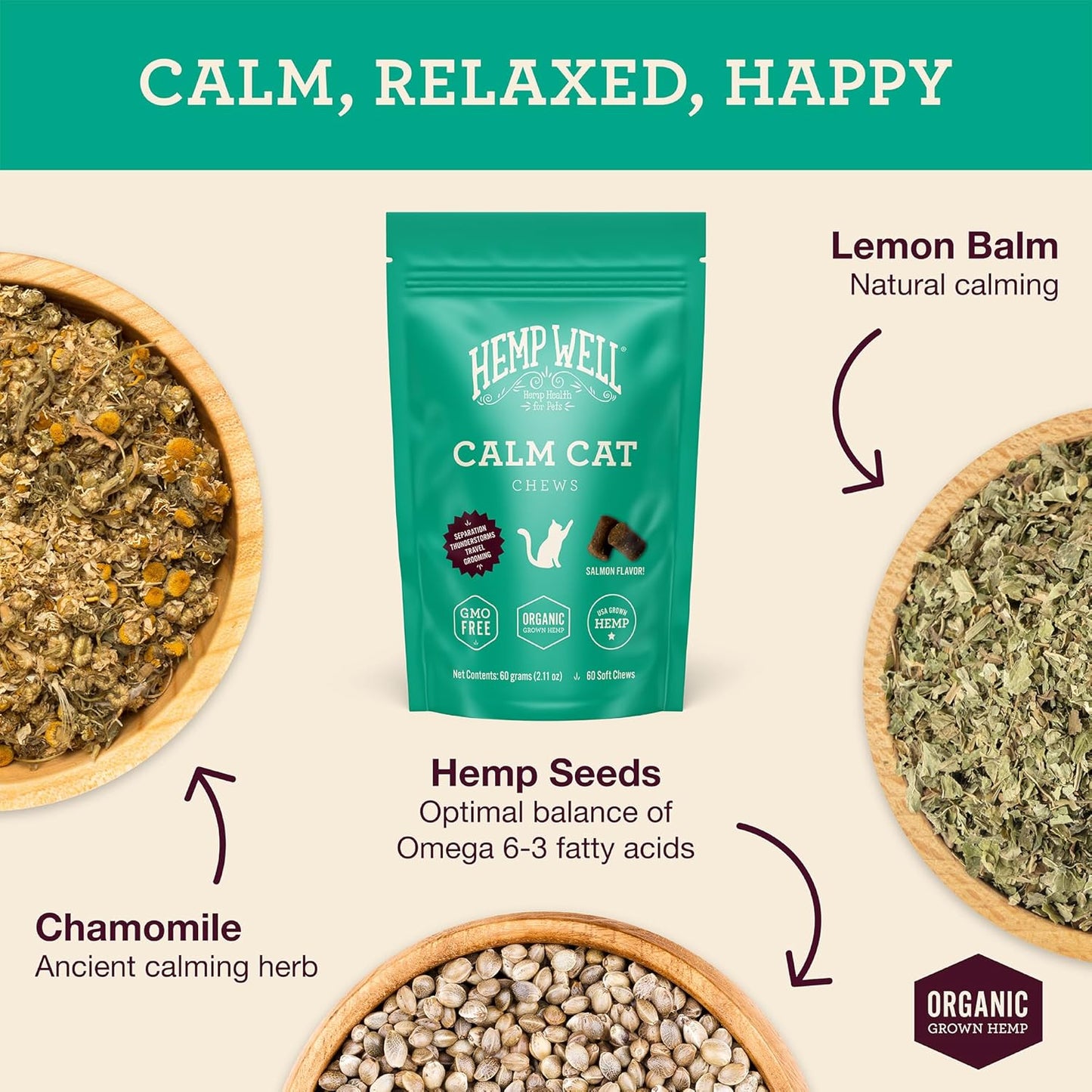 Hemp Well Calm Cat Soft Chews - Anxiety & Stress Relief Formula, Organic Ingredients, Soothes & Relaxes, Improves Behavior, 60 Count