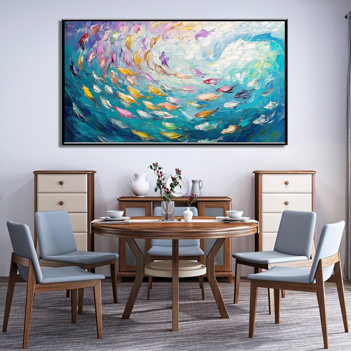 Fish Canvas Wall Art, Abstract School of Fish Canvas Wall Art, School of Fish Painting Canvas, School of Fish Wall Art, Fish Wall Decor, Fish Pictures Wall Decor, Bedroom Canvas Wall Decor (Gold Framed, 36"x20" | 92x52cm)