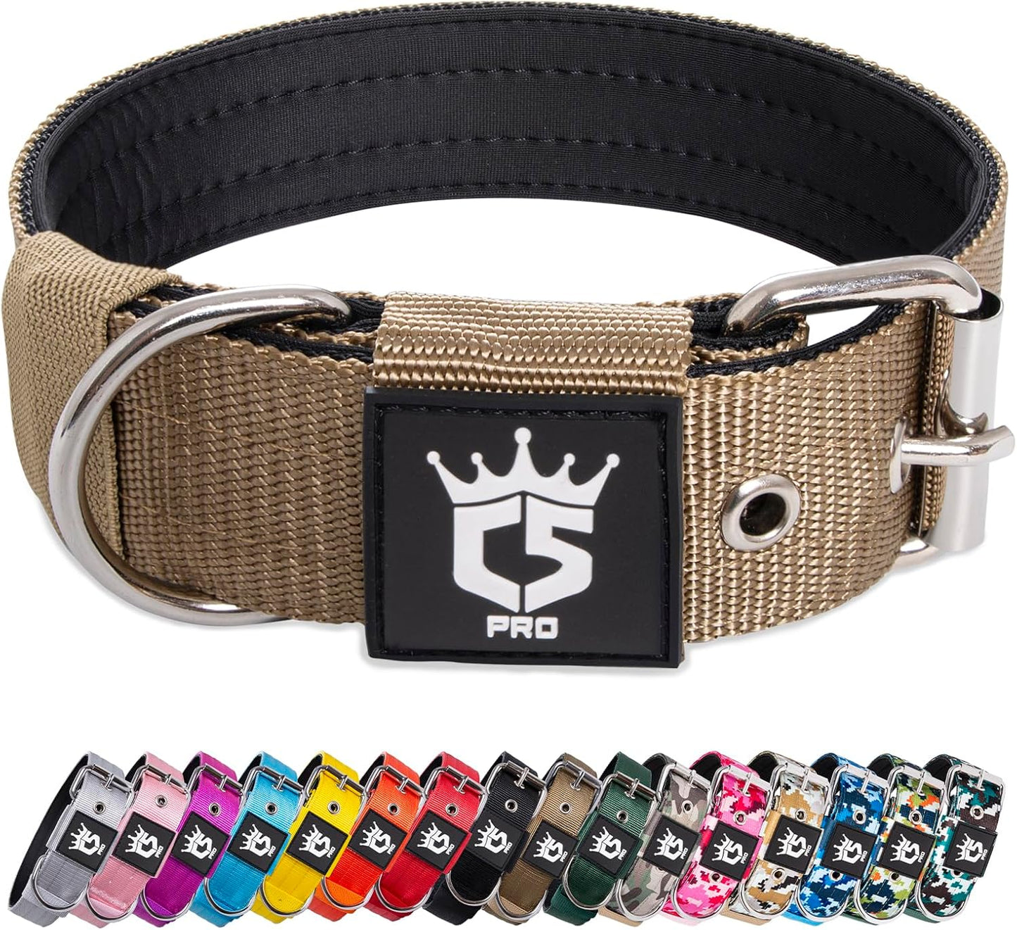TSPRO Tactical Dog Collar 1.5 Inch Wide Thick Dog Collars with Heavy Duty Metal Buckle, Durable, Strong, Adjustable for Medium to Large Dogs (Khaki L)