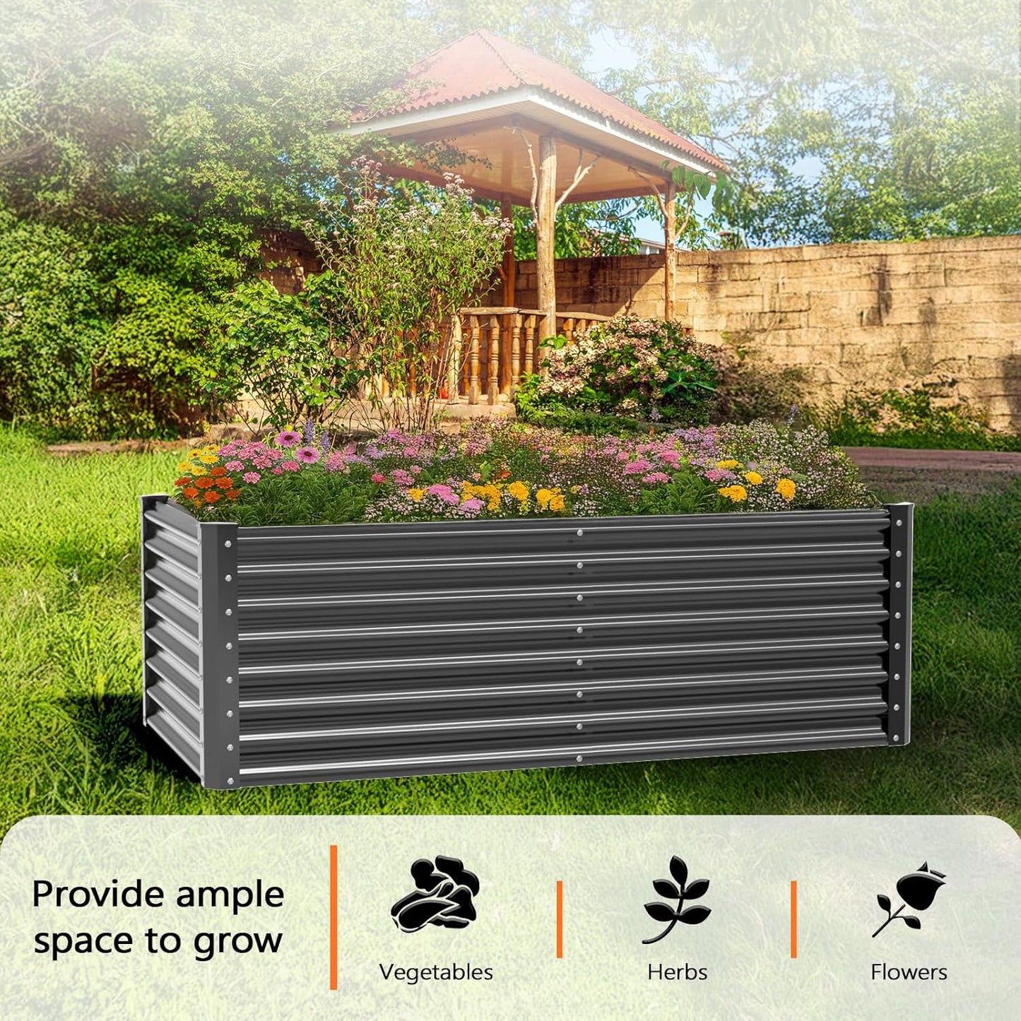 VINGLI Galvanized Raised Garden Beds Outdoor, 6x3x2 Ft, 8x4x2 Ft Lager Metal Planter Raised Beds for Planting Vegetables Flowers Herb (6 * 3 * 2（Square）)