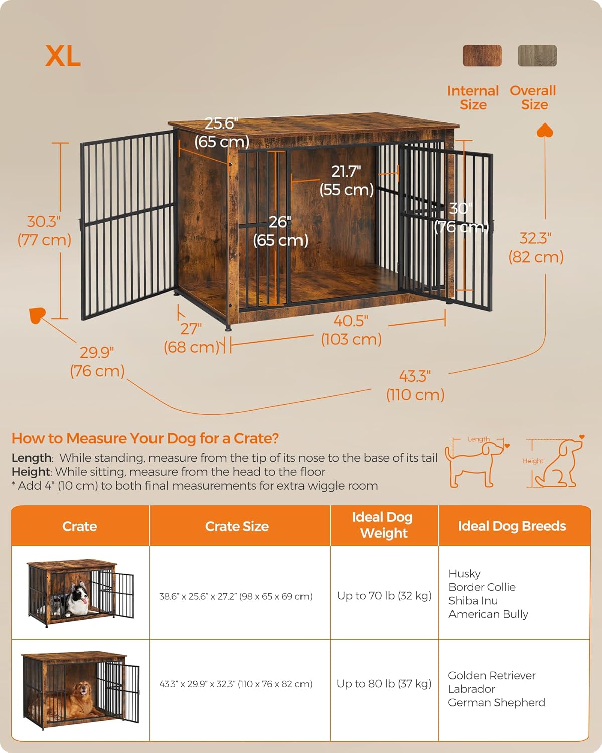 Feandrea Dog Crate Furniture, 43.3" Side End Table, Modern Kennel for Dogs Indoor up to 80 lb, Heavy-Duty Dog Cage with Enclosed Base, Double-Door Dog House, Rustic Brown UPFC024X01