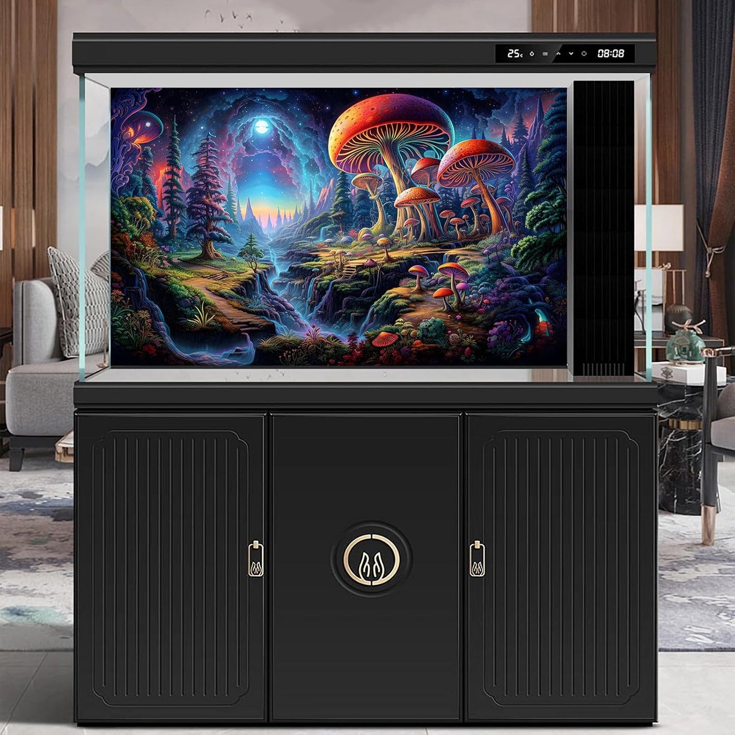 Forest Aquarium Background Fantastic Cartoon Forest Landscape with Mushrooms and Flowers Terrarium Background Fantasy Pine Tree Mysterious Mushroom Theme Fish Tank Backdrop Poster Decor 72x18in