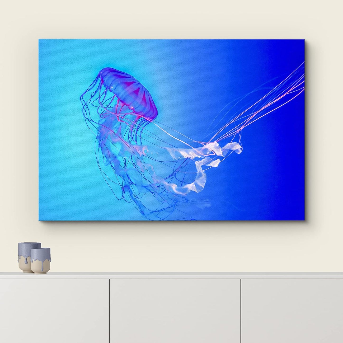 wall26 Canvas Print Wall Art Vibrant Neon Blue Pink Jellyfish Deep Sea Nature Animals Photography Realism Rustic Scenic Landscape Wilderness Earth Colorful for Living Room, Bedroom, Office - 16"x24"