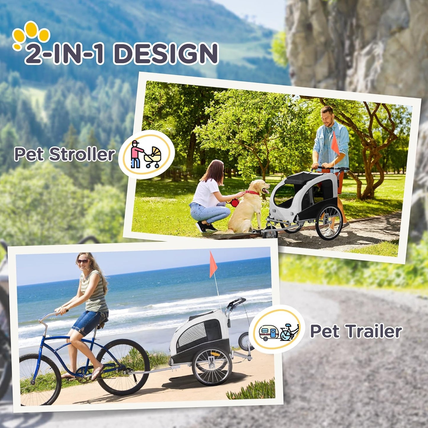 Aosom Dog Bike Trailer 2-in-1 Pet Stroller with Canopy and Storage Pockets
