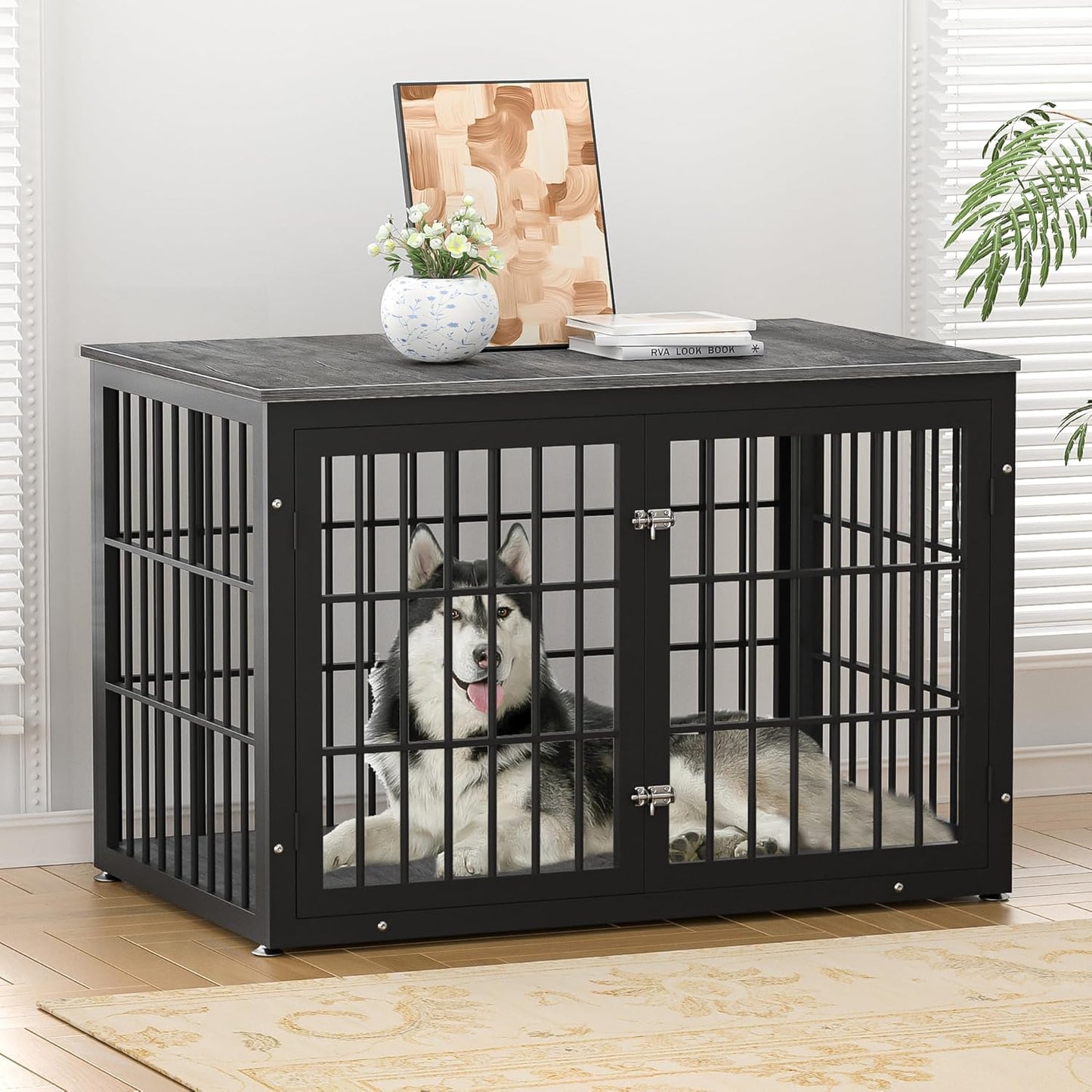 48 Inch Heavy Duty Dog Crate Furniture for Large Dogs, Decorative Pet House End Table, Extra Large Wooden Cage Kennel Furniture Indoor, Black and Gray