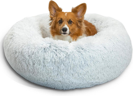 Best Friends by Sheri Original Calming Donut Dog and Cat Bed, Shag Faux Fur, Frost Gray, (30in x 30in) - Anxiety Relief for Pets Up to 45 lbs