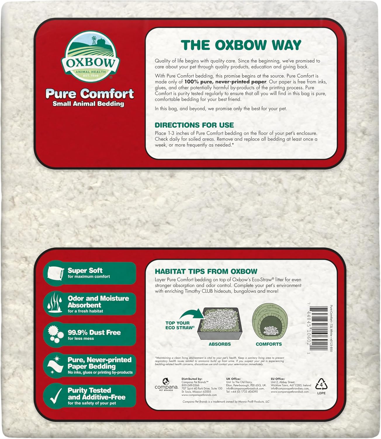 Oxbow Animal Health Pure Comfort Bedding, Rabbit, Hamster, & Guinea Pig Bedding, Bunny Supplies for Litter Box, Pet Safe, Low Dust, White Paper, 72 Liter Bag