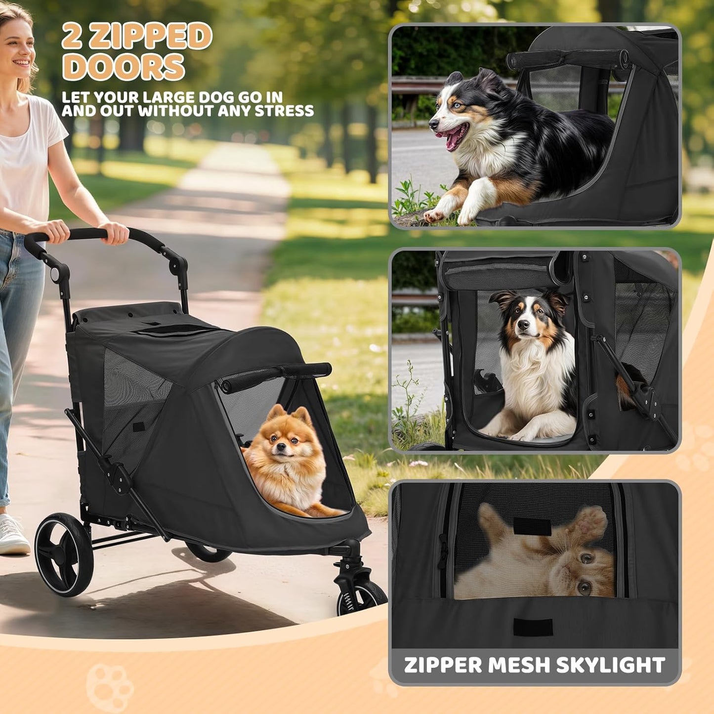 Magshion Pet Stroller for Medium Dogs w/Adjustable Handle, 3-Wheel Dog Cat Wagon w/Dual Entry, Rear Storage, Breathable Mesh, One-Foot Brake, Ideal for Large Pets up to 55 lbs, Black