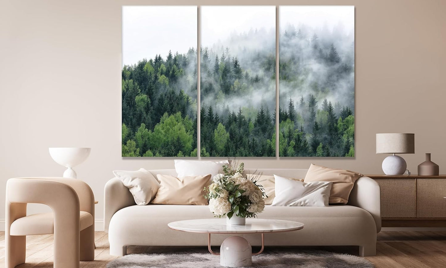 Nature Wall Art Prints - Ocean Forest Mountain Lake Canvas Landscapes - Small to Extra Large Living Room Bedroom Kitchen Bathroom Décor (Pine Trees in Fog, 47L" x 71W" - 3 panels)