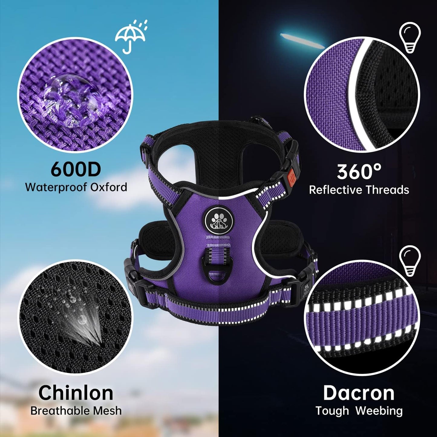 NESTROAD No Pull Dog Harness,Adjustable Oxford Dog Vest Harness with Leash,Reflective No-Choke Pet Harness with Easy Control Soft Handle for Small Medium Dogs(Medium,Purple)